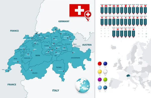 Schweiz-Karte und ihre Staaten mit Navigationskarten-Zeigern — Stockvektor