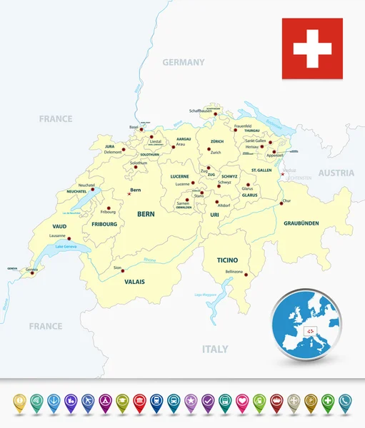 Zwitserland overzicht kaart met bubble kaart markeringen — Stockvector