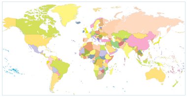 Boş siyasi dünya haritası üzerinde beyaz izole renkli