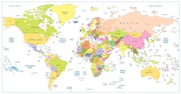 Farbige politische Weltkarte isoliert auf weiß — Stockvektor