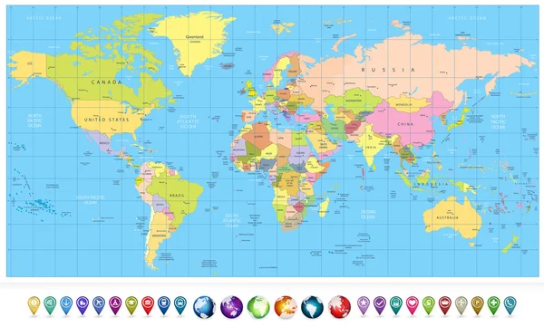 Mapa del mundo político de colores y globos 3D con iconos de navegación — Vector de stock