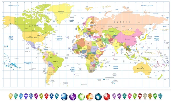 Mapa del mundo político de colores y globos 3D con iconos de navegación — Vector de stock