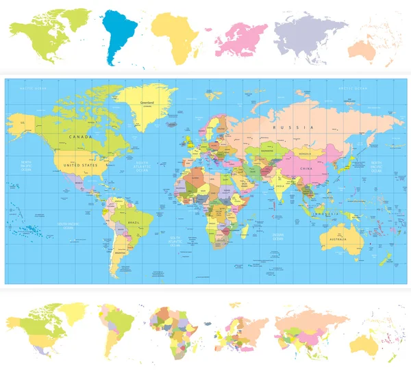 Farbige politische Weltkarte mit Kontinenten — Stockvektor