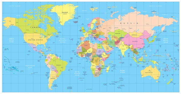 Mappa politica dettagliata del mondo: paesi, città, oggetti acquatici — Vettoriale Stock