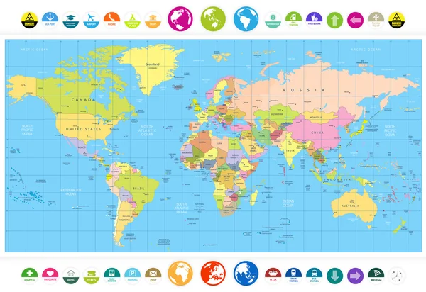 Colored political World Map with round flat icons and globes — Stock Vector