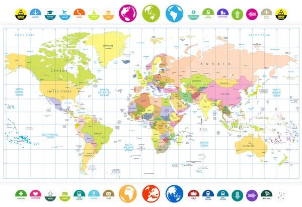 Gekleurde politieke wereldkaart met ronde platte pictogrammen en globes iso — Stockvector