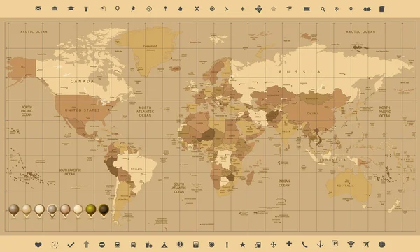 Λεπτομερή χάρτη του κόσμου στα χρώματα του καφέ και γυαλιστερό pin εικονίδια — Διανυσματικό Αρχείο