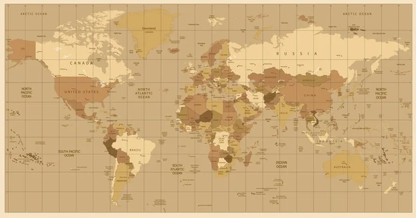 Λεπτομερή χάρτη του κόσμου στα χρώματα του καφέ — Διανυσματικό Αρχείο