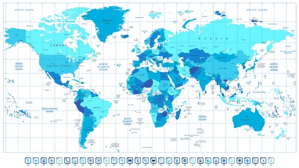 详细从世界地图上的蓝色和 3d 的方形脚图标的颜色 — 图库矢量图片