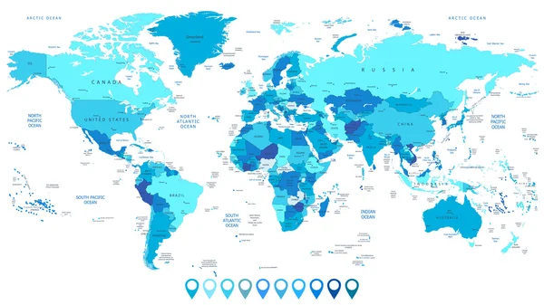 Detaillierte Weltkarte in den Farben blau und Kartenzeiger — Stockvektor