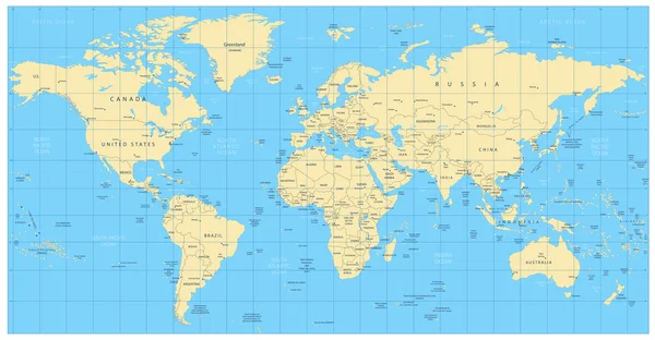 Ιδιαίτερα λεπτομερή παγκόσμιο χάρτη: χώρες, πόλεις, νερό αντικείμενα — Διανυσματικό Αρχείο