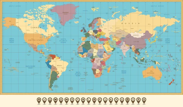 Retro cor política Mapa do Mundo e ponteiros do mapa —  Vetores de Stock