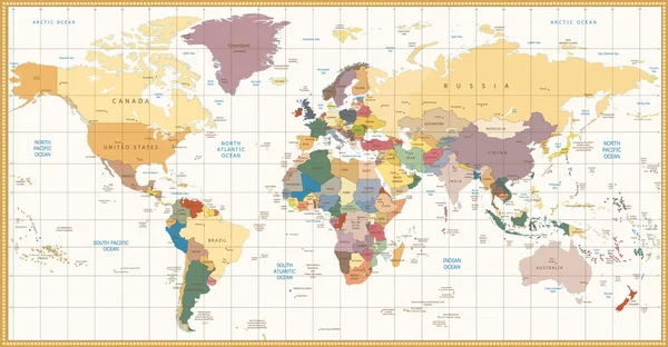 Carte du monde politique couleur vintage — Image vectorielle