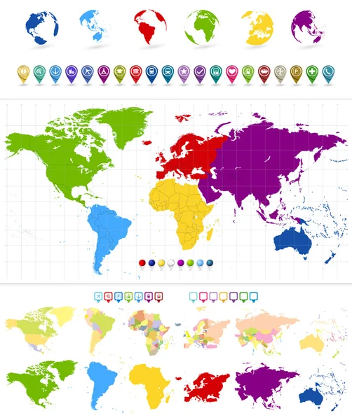 Wereldkaart en kleurrijke continenten met grote navigatie icon set — Stockvector