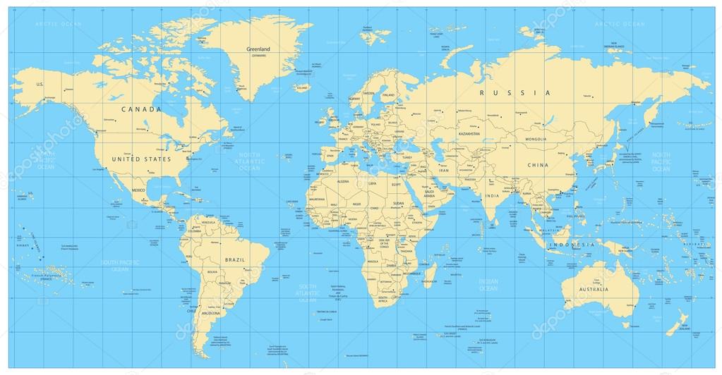 Mapa del mundo altamente detallado: países, ciudades, objetos de agua 2022