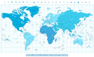 Farklı renkli kıta mavi renkleri ile dünya harita