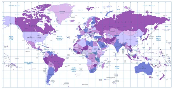 Λεπτομερείς διάνυσμα παγκόσμιο χάρτη βιολετί χρωμάτων — Διανυσματικό Αρχείο