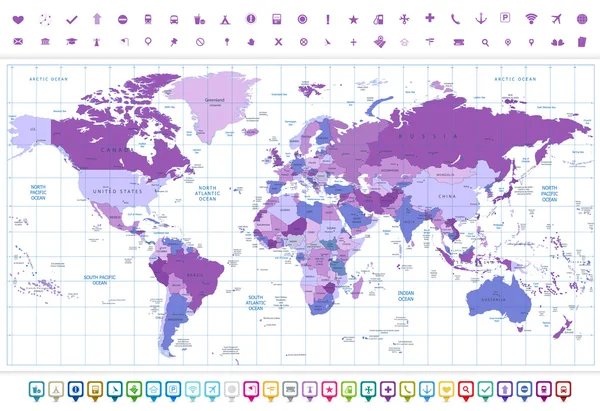 Světová mapa fialové barvy a plochá navigační sada ikon — Stockový vektor