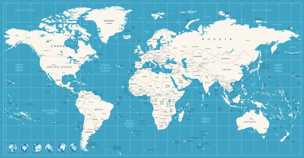 Світова карта військово-морських синіх кольорів і глянцевих стилів глобусів — стоковий вектор