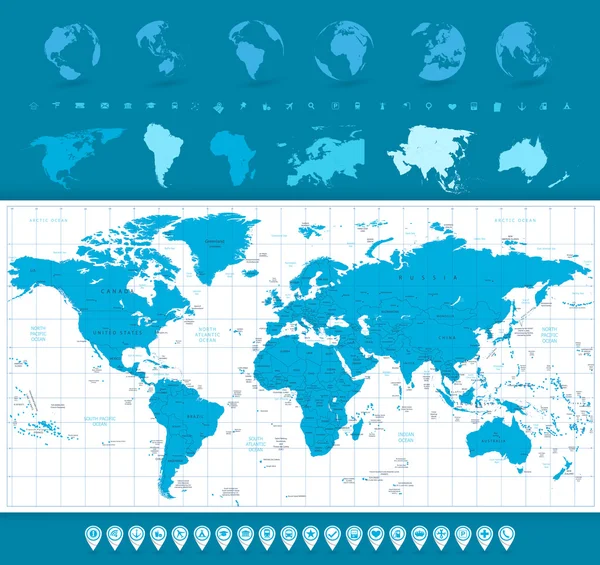 Карта світу, глобуси та піктограми навігації — стоковий вектор