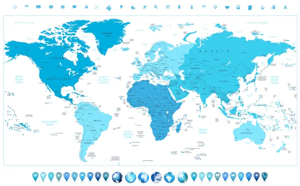 Mappa del mondo continenti nei colori del blu e globi lucidi con ma — Vettoriale Stock