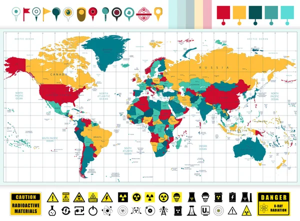 Mappa del mondo e icone della tecnologia nucleare con contaminazione — Vettoriale Stock