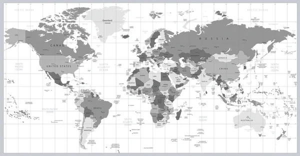 Grayscale Mapa del mundo ilustración vectorial detallada — Vector de stock