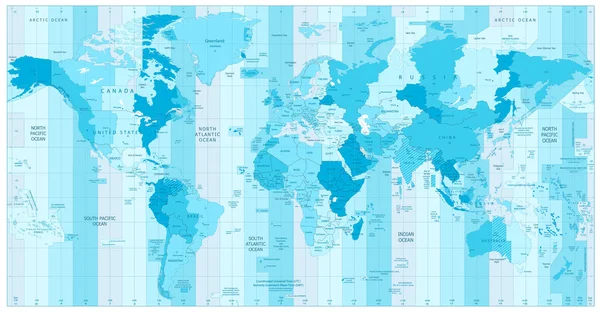 Carte du monde avec fuseaux horaires standard en couleurs de bleu — Image vectorielle