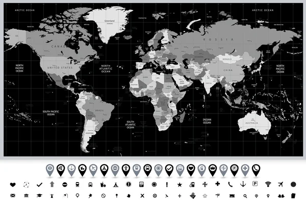 Vecteur détaillé Carte du monde en couleurs de gris et icônes de navigation — Image vectorielle