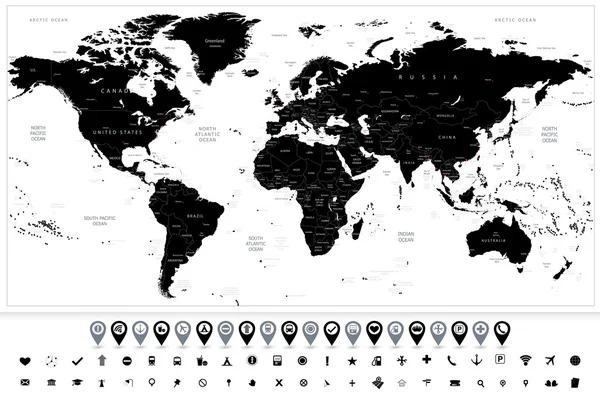 Colección de punteros de mapas y mapas Black World — Archivo Imágenes Vectoriales