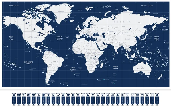 Mappa del mondo e etichette della mappa di navigazione — Vettoriale Stock