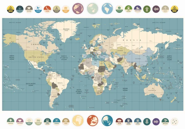 Carte du monde couleurs anciennes illustration : pays, villes, objets aquatiques — Image vectorielle