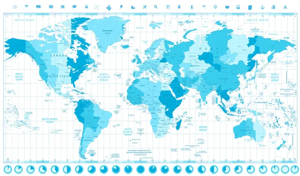 Wereldkaart met tijdzones standaard zachte tinten van blauw en klok — Stockvector