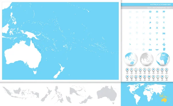 Australia y Oceanía esbozan mapas en blanco e iconos de navegación — Vector de stock