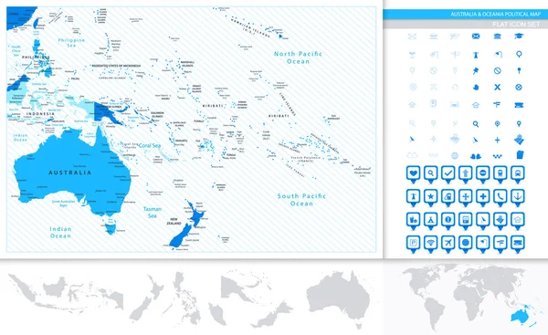 Australia y Oceanía mapa en colores de azul y mapa punteros col — Vector de stock