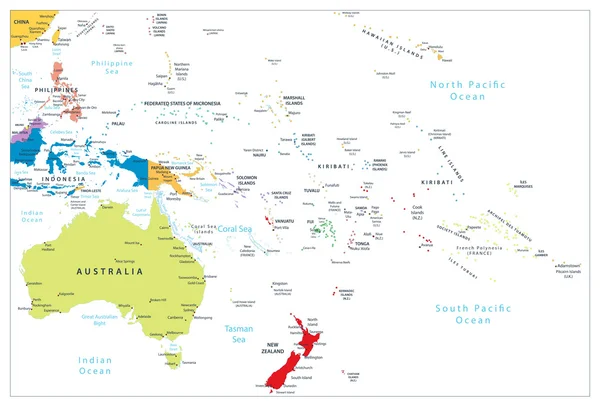 Australien und Ozeanien detaillierte politische Landkarte isoliert auf weiß — Stockvektor