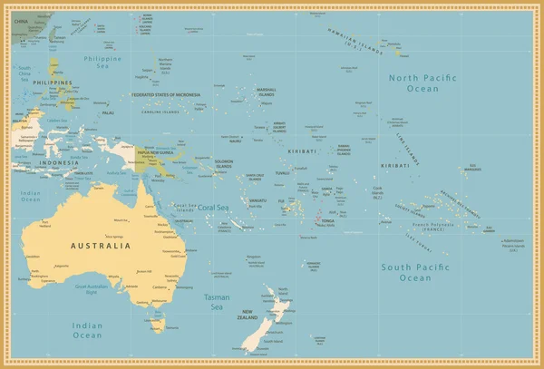 Australia y Oceanía mapa político detallado vintage colors — Vector de stock