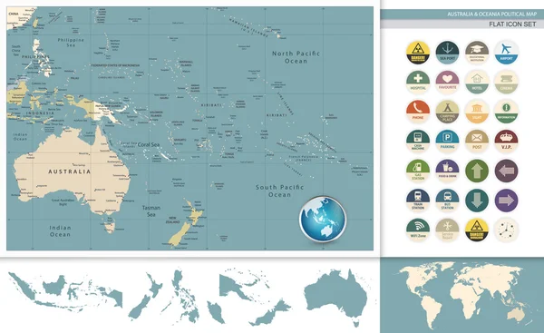 Australia y Oceanía mapa retro detallado e icono plano conjunto — Vector de stock