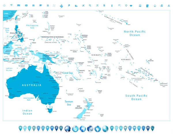 Australia y Oceanía mapa político detallado en colores de azul a — Vector de stock