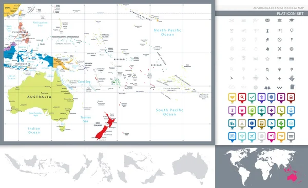 Australia e Oceania Mappa politica dettagliata e set di navigazione — Vettoriale Stock