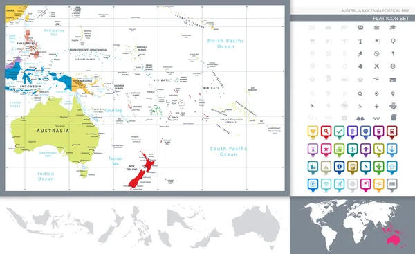 Australia and Oceania detailed political map and navigation set — Stock Vector