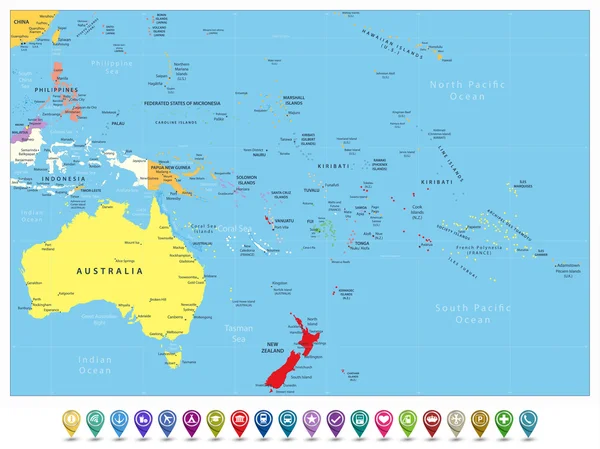 Australia y Oceanía mapa político detallado e icono de navegación — Vector de stock