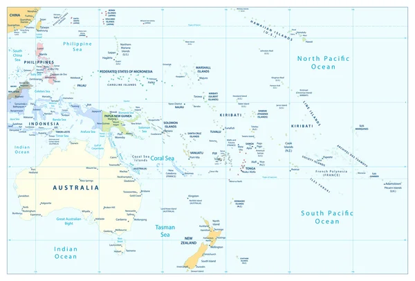 澳大利亚和大洋洲详尽的政治地图 — 图库矢量图片