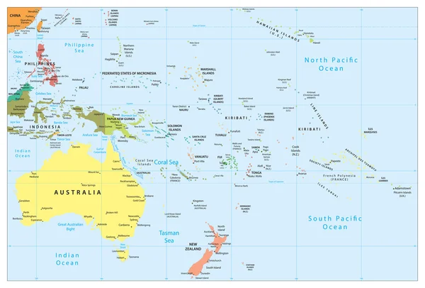 Australia ja Oseania yksityiskohtainen poliittinen kartta — vektorikuva