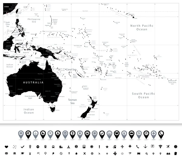 Australia y Oceanía detallados mapas en color negro e indicadores de mapas — Vector de stock