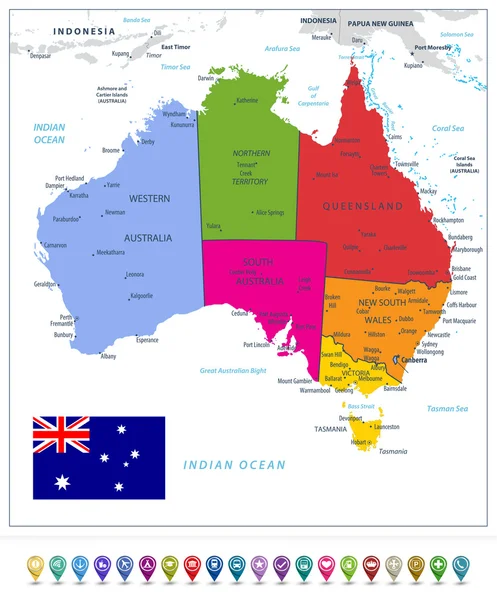 Australia mapa político detallado y mapa punteros aislados en wh — Vector de stock