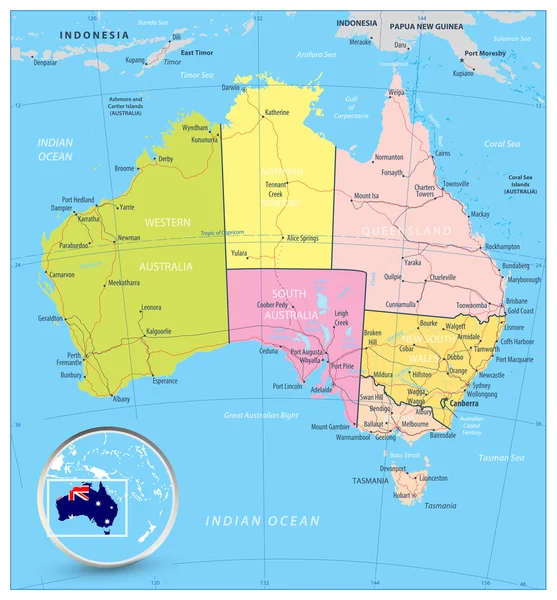 Australia mapa político detallado con carreteras y objetos acuáticos — Archivo Imágenes Vectoriales