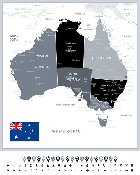 Mapa a escala de grises de Australia e iconos de navegación — Vector de stock