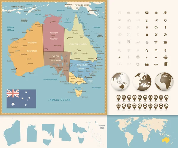 Mapa de Australia con el conjunto de iconos de navegación. Colores Vintage — Vector de stock