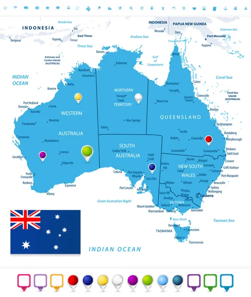 Australien karta med karta pekare isolerad på vit — Stock vektor